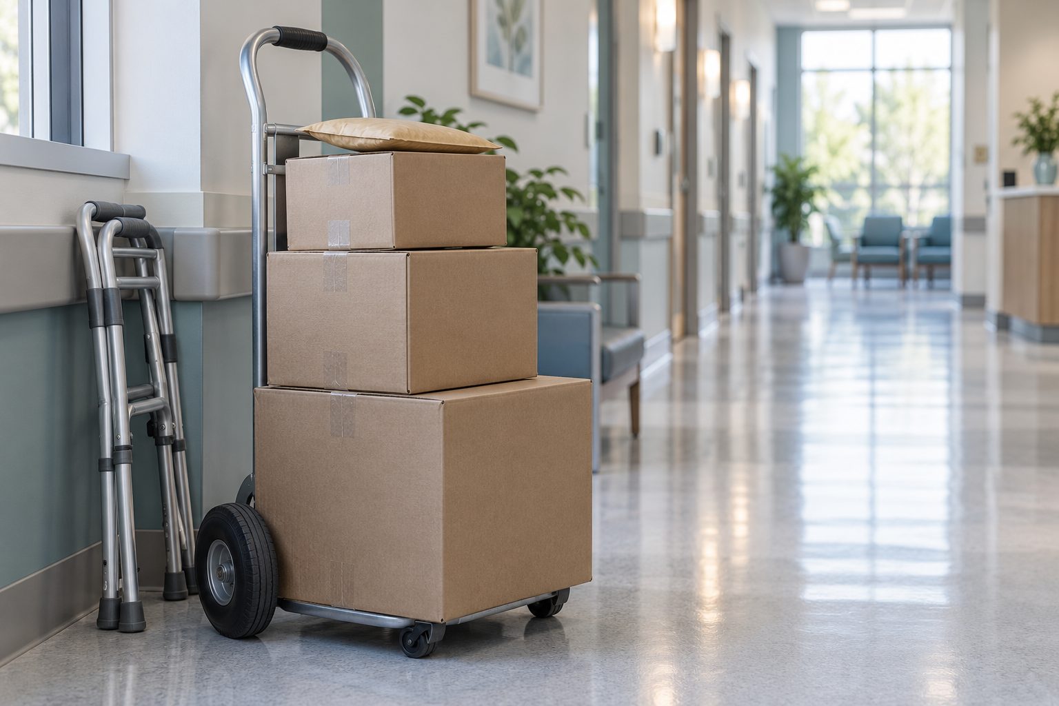 Sealed cardboard boxes on a hand truck in a bright medical office corridor, a walker nearby