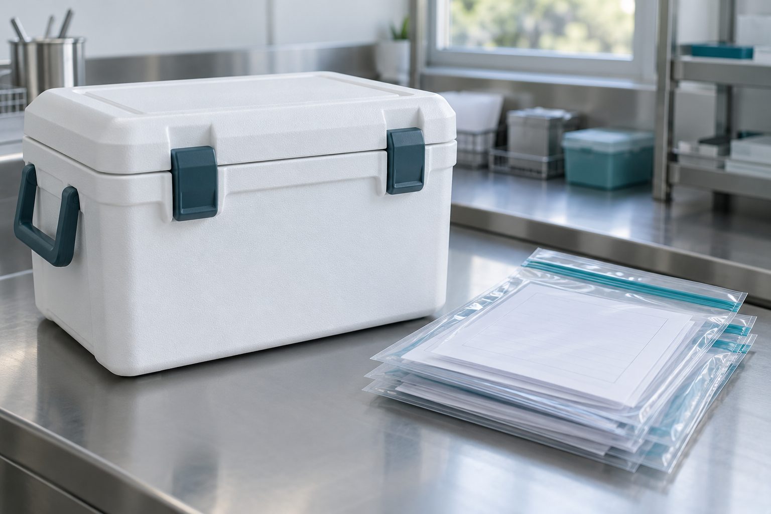 A closed white insulated transport cooler beside sealed document pouches on a steel lab bench