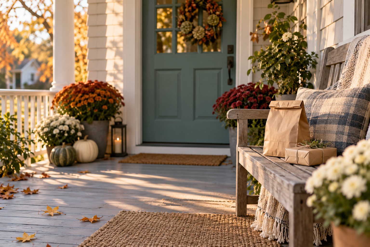 A paper bag and a small wrapped parcel waiting on a wooden bench by a front door in autumn